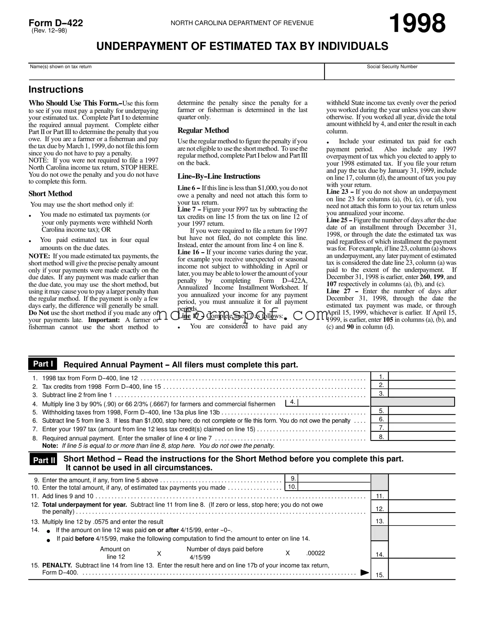 Fill in Your D 422 North Carolina Template