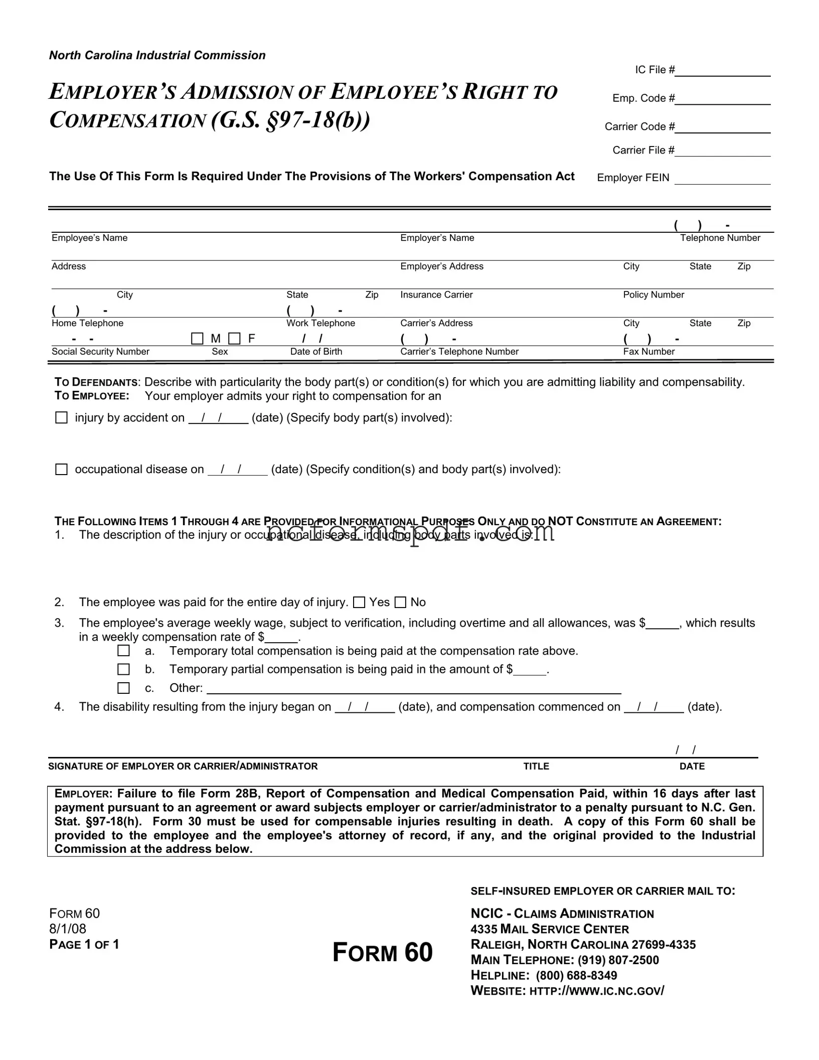 Fill in Your North Carolina 60 Template