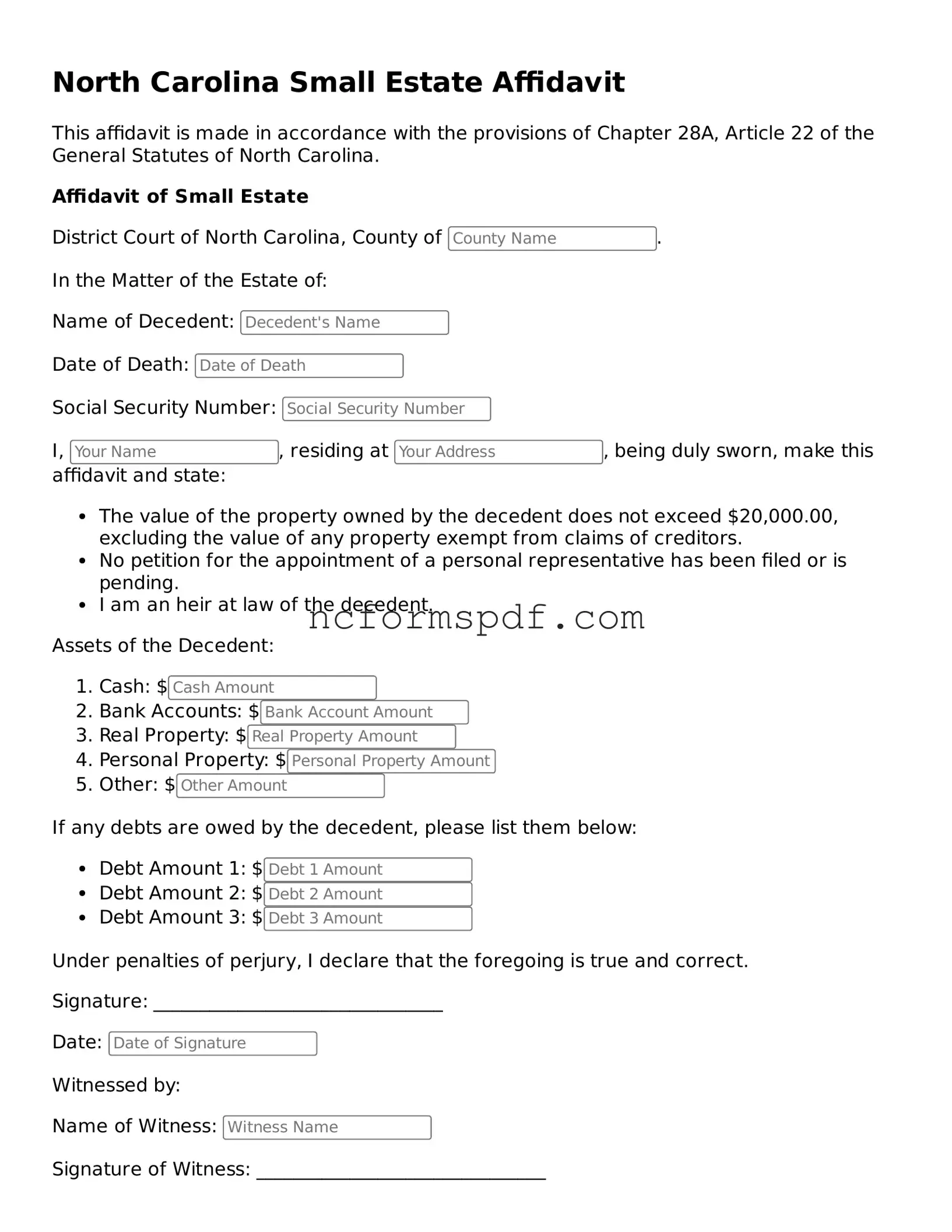 Free  Small Estate Affidavit Document for North Carolina