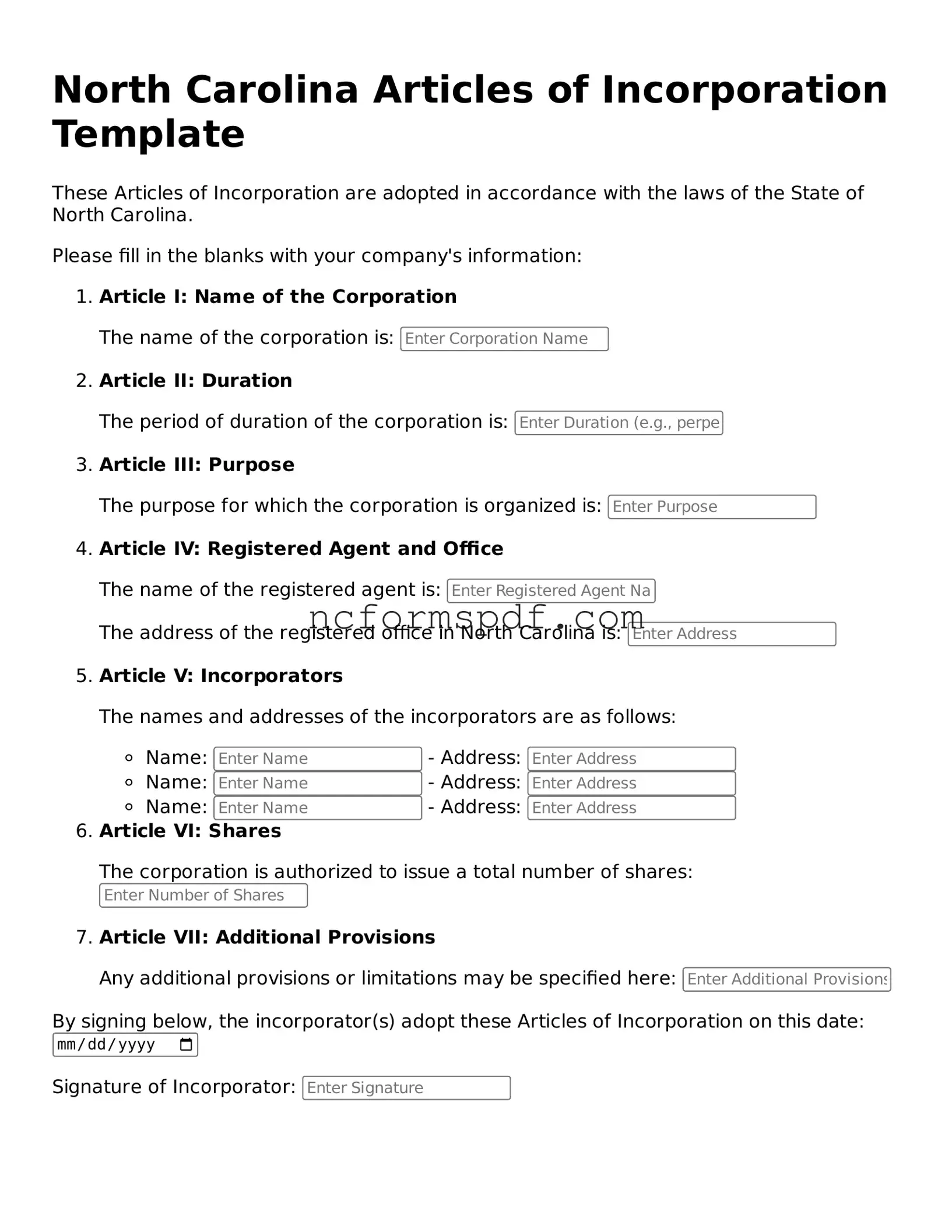 Free  Articles of Incorporation Document for North Carolina
