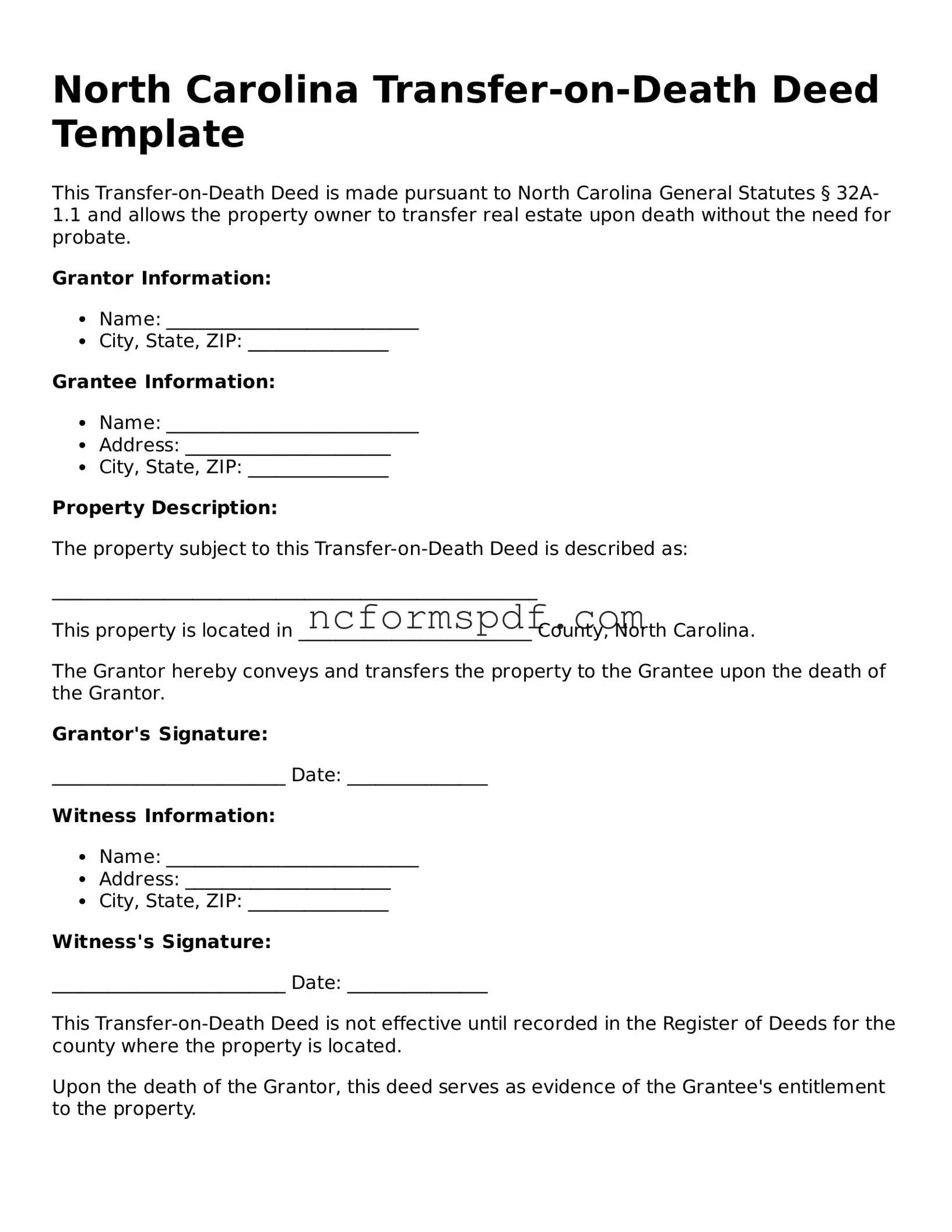 Free  Transfer-on-Death Deed Document for North Carolina
