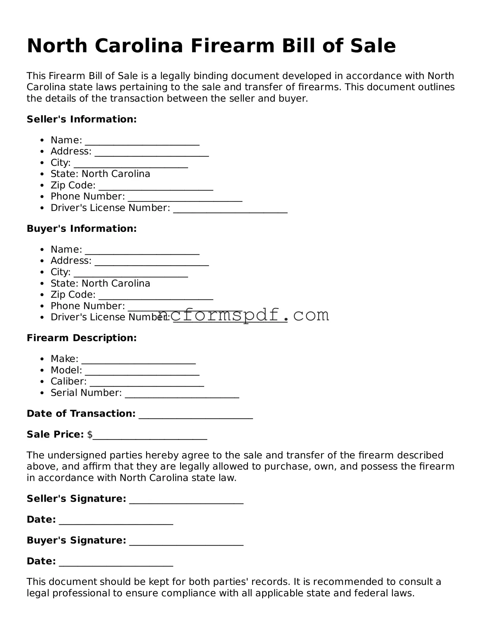 Free  Firearm Bill of Sale Document for North Carolina
