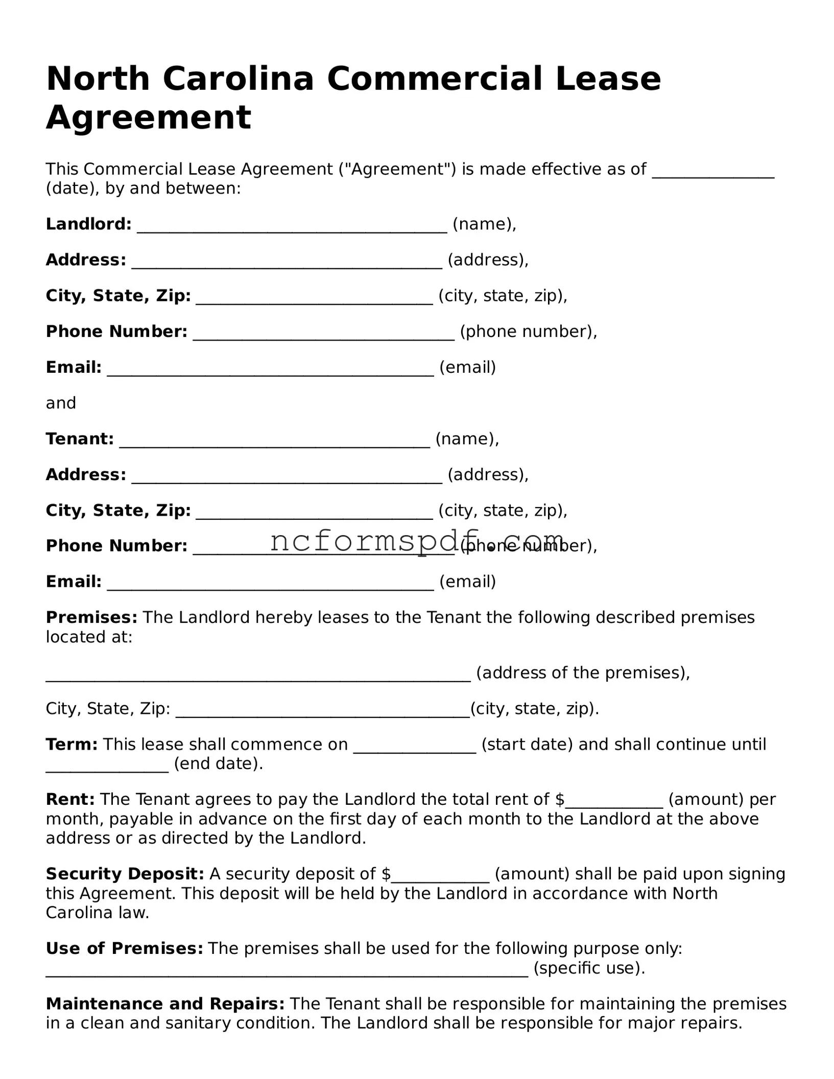 Free  Commercial Lease Agreement Document for North Carolina