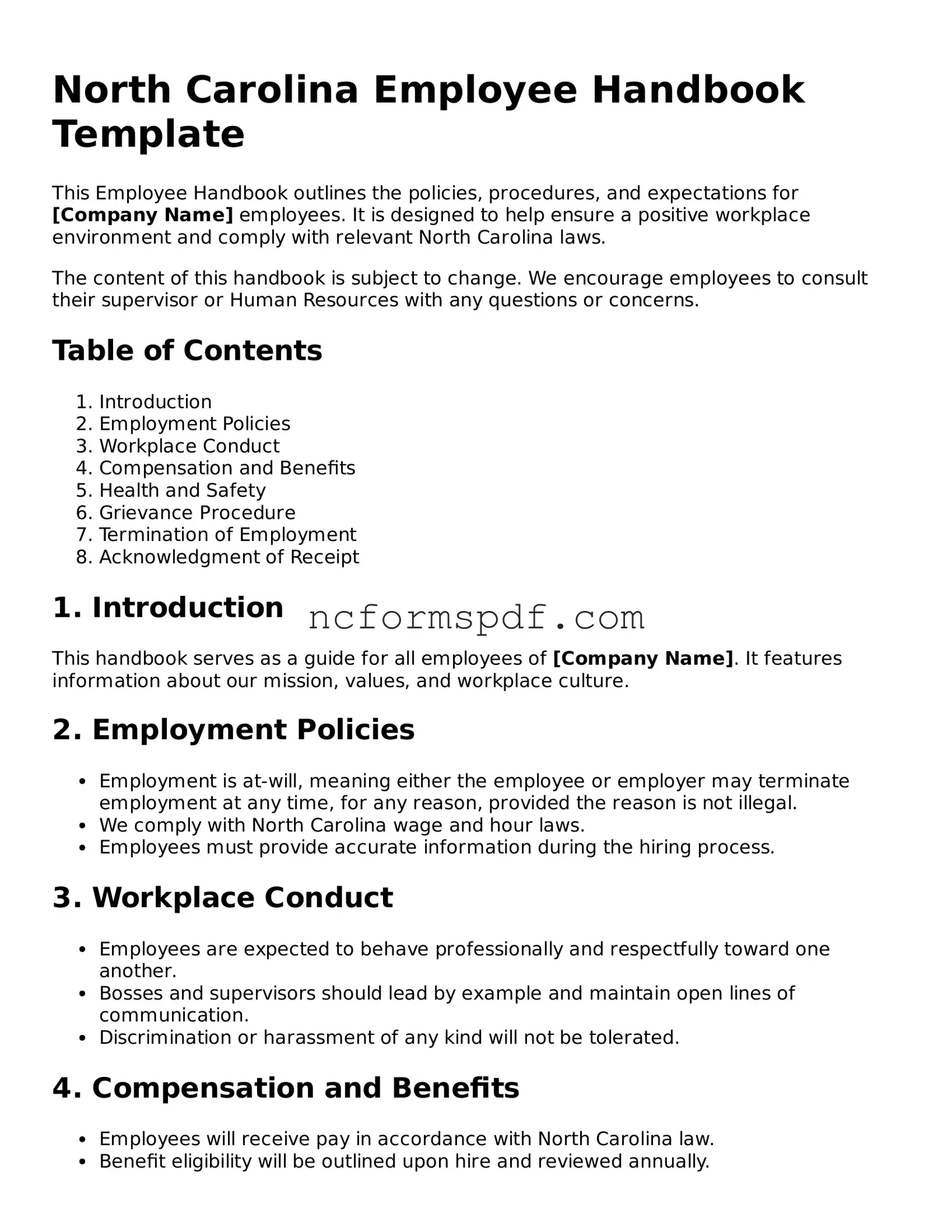 Free  Employee Handbook Document for North Carolina