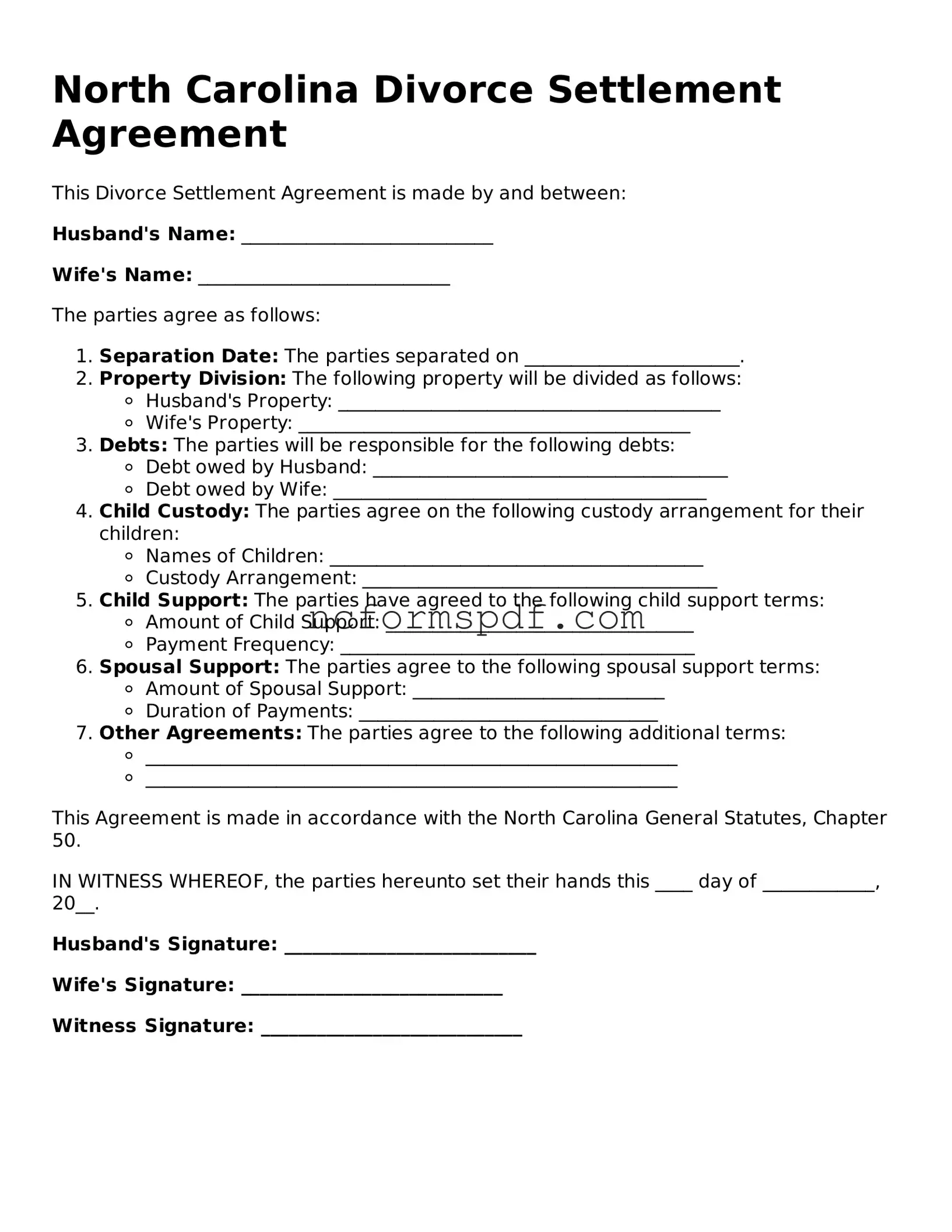 Free  Divorce Settlement Agreement Document for North Carolina