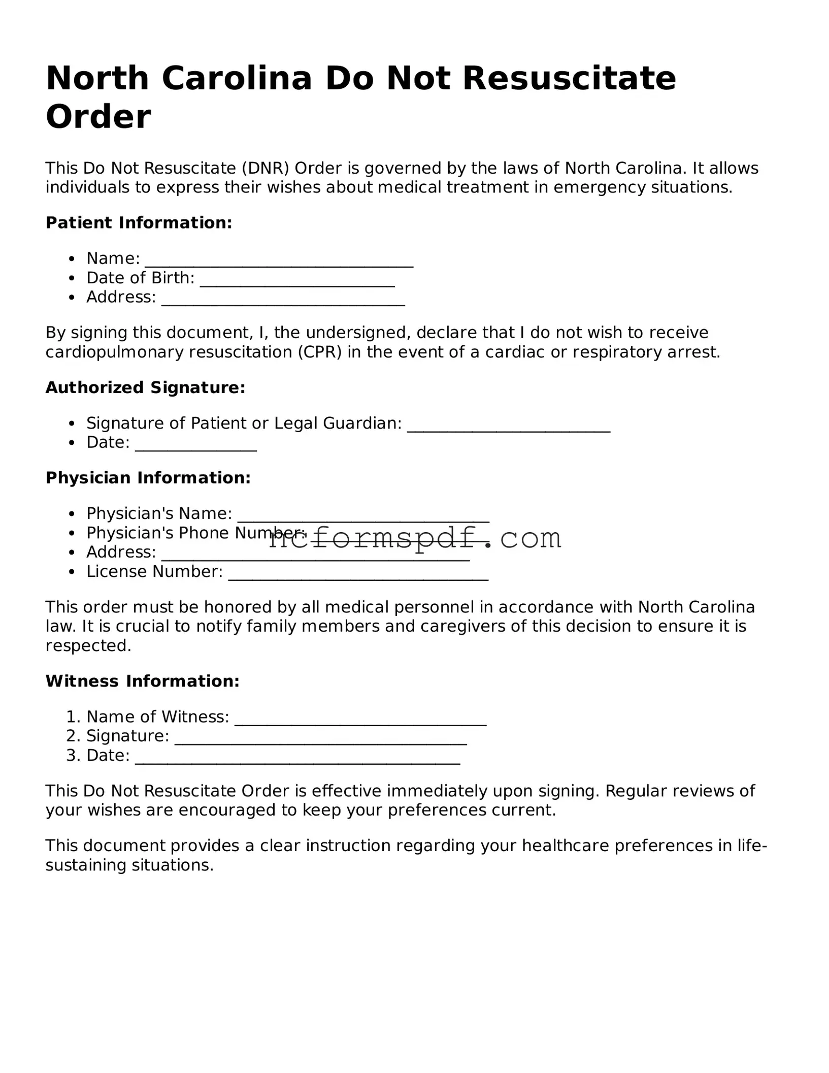 Free  Do Not Resuscitate Order Document for North Carolina