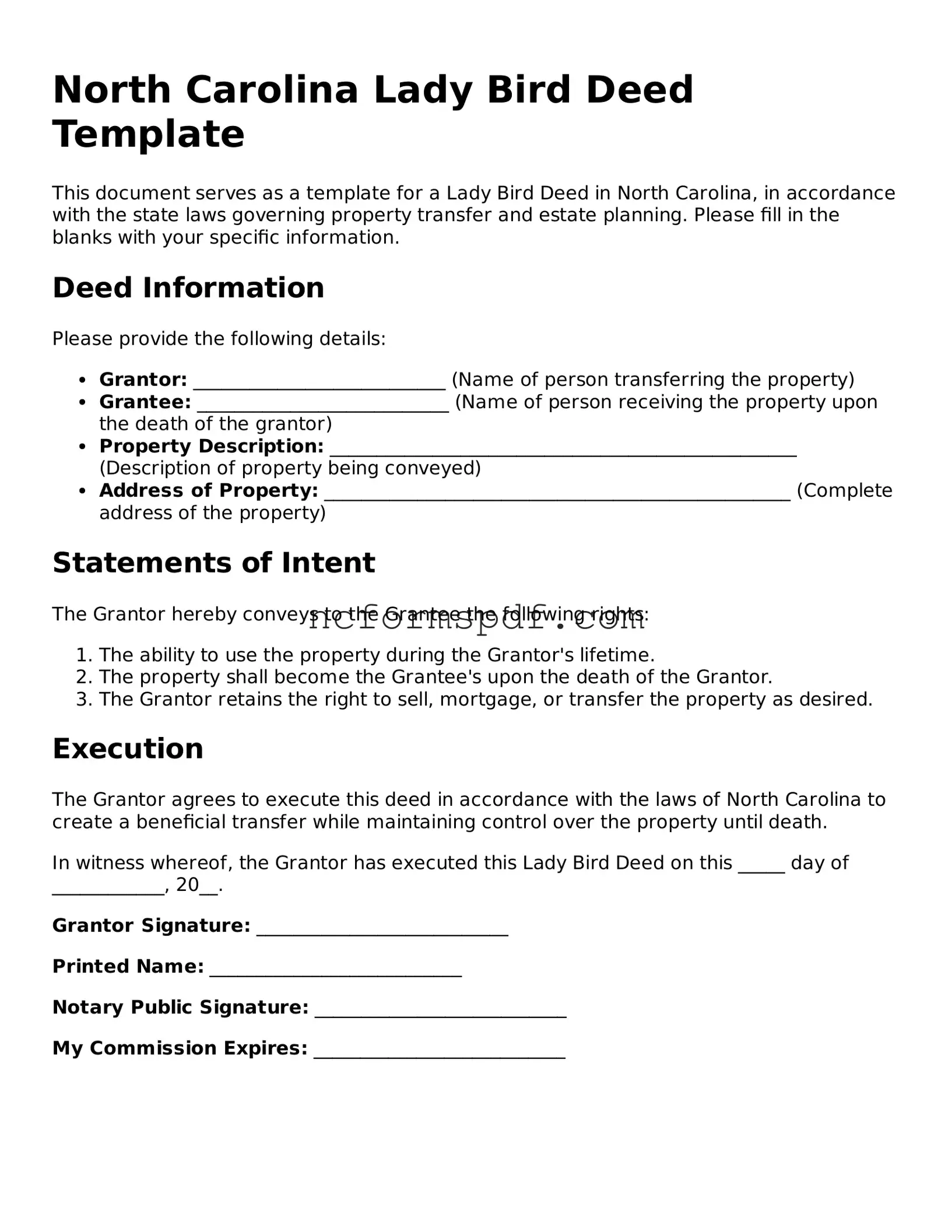 Free  Lady Bird Deed Document for North Carolina