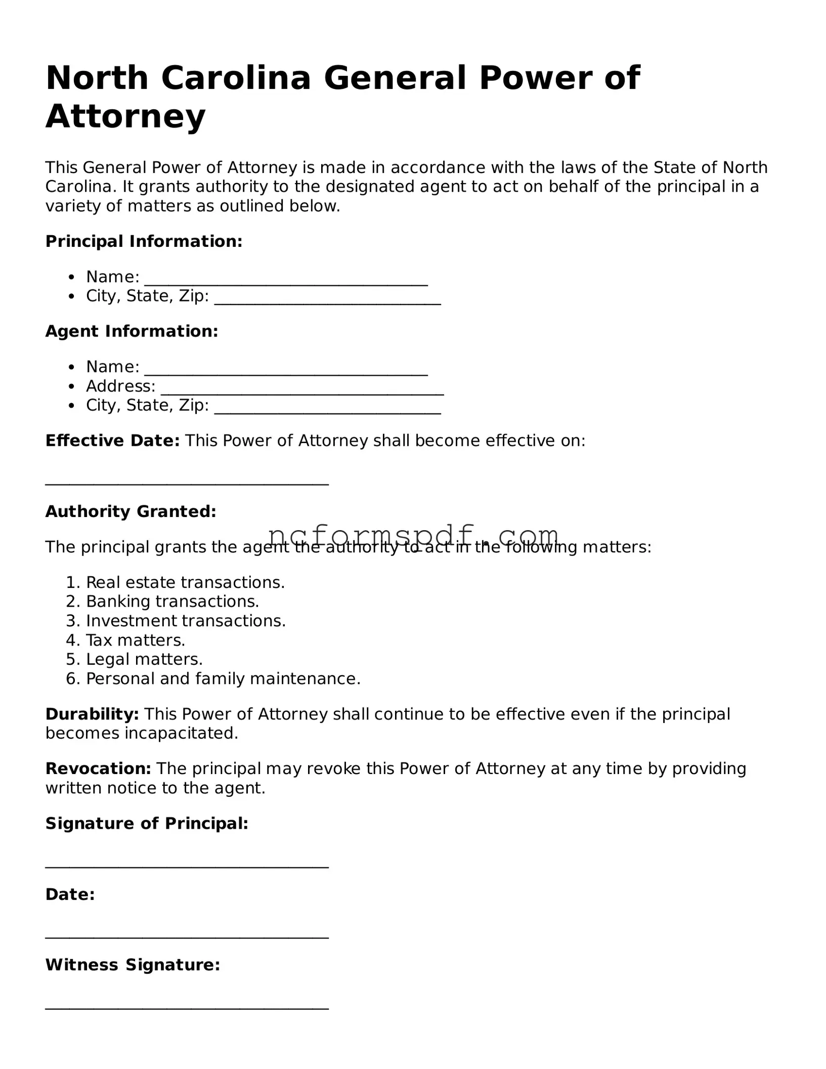 Free  General Power of Attorney Document for North Carolina
