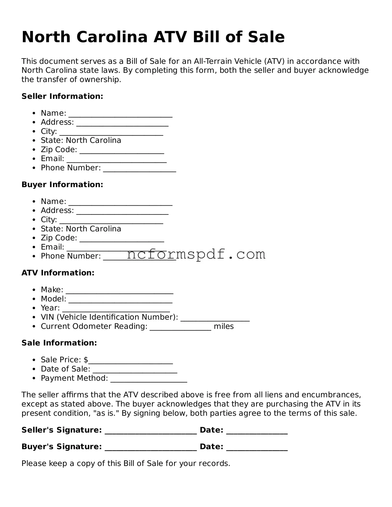 Free  ATV Bill of Sale Document for North Carolina