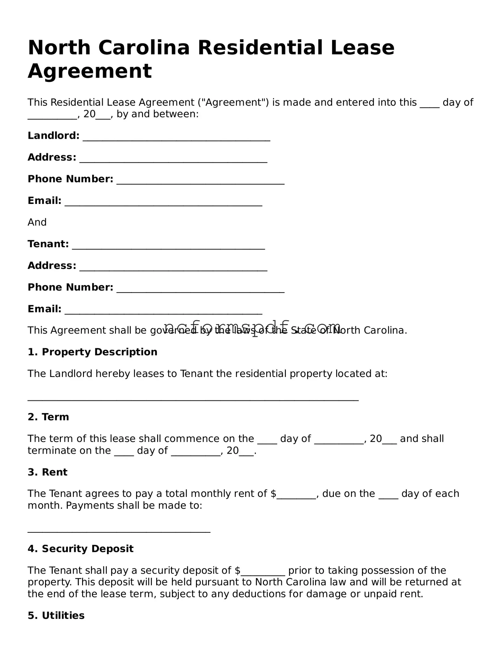 Free  Residential Lease Agreement Document for North Carolina