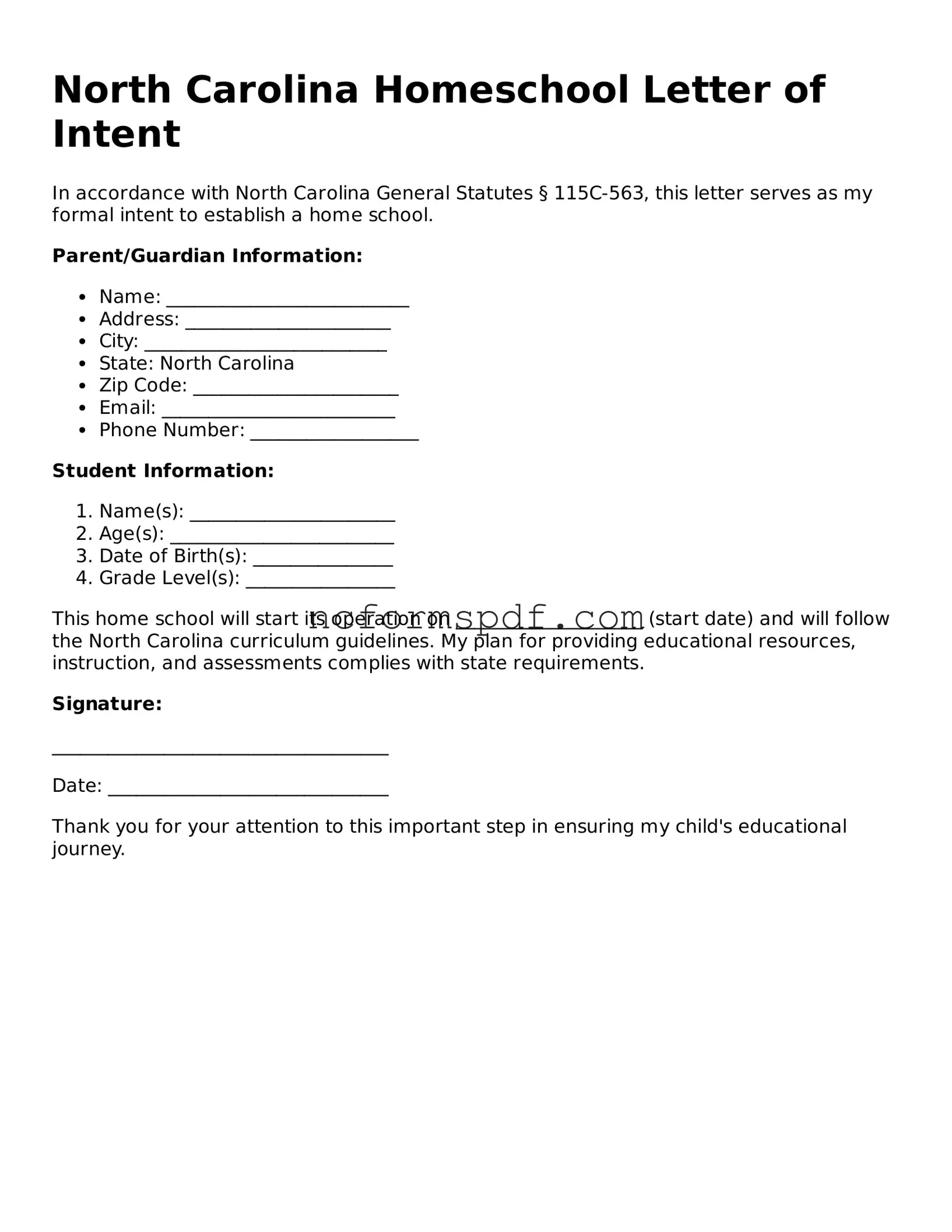 Free  Homeschool Letter of Intent Document for North Carolina