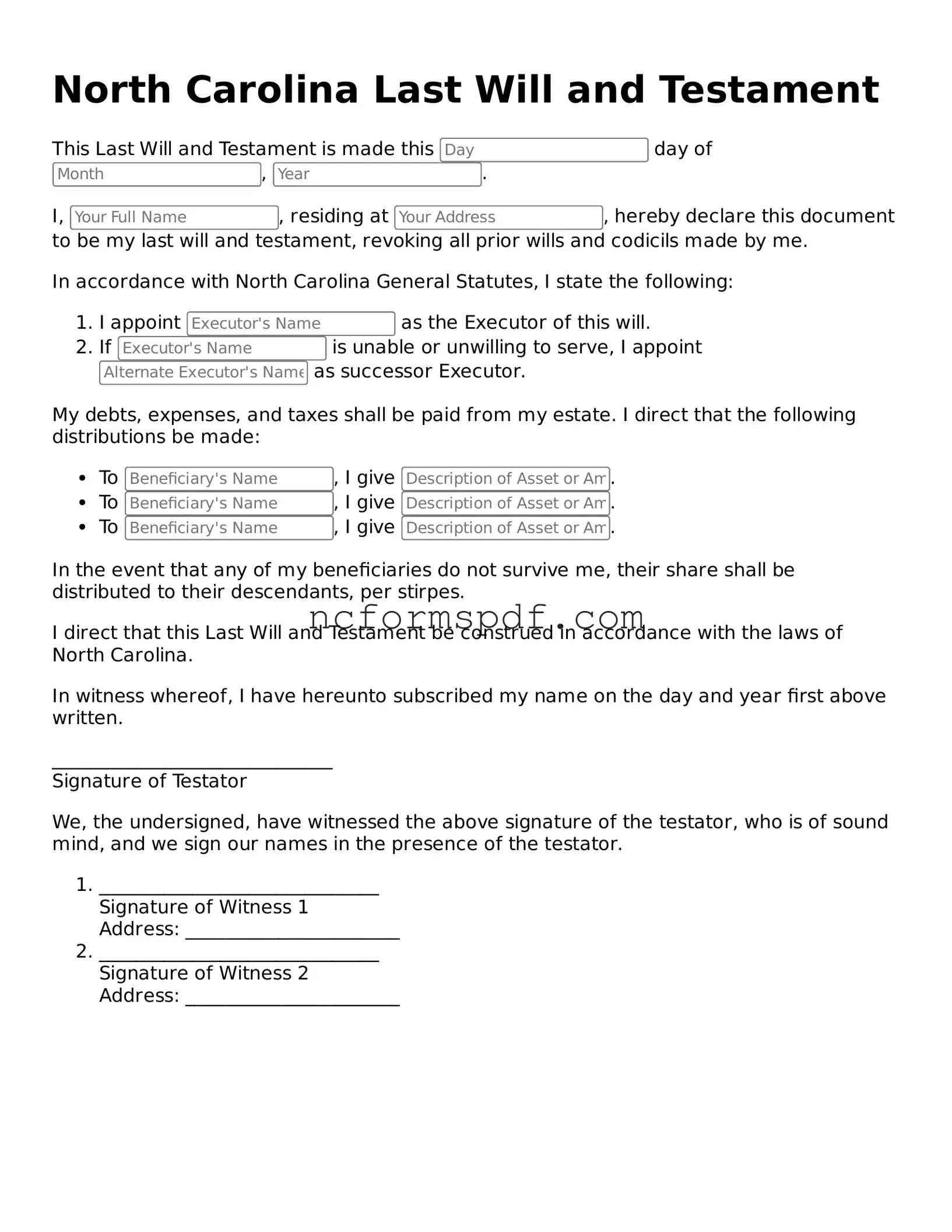 Free  Last Will and Testament Document for North Carolina