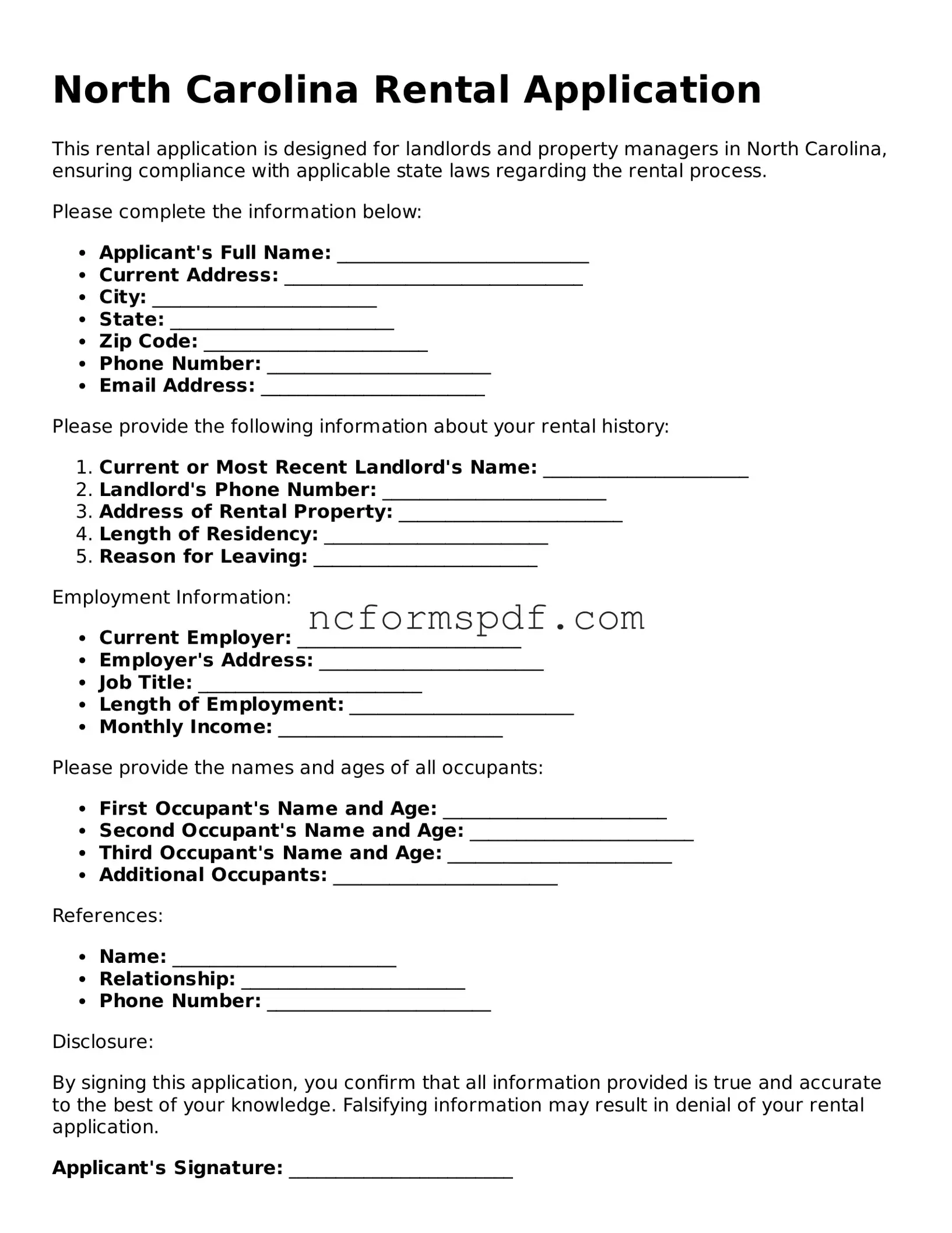 Free  Rental Application Document for North Carolina