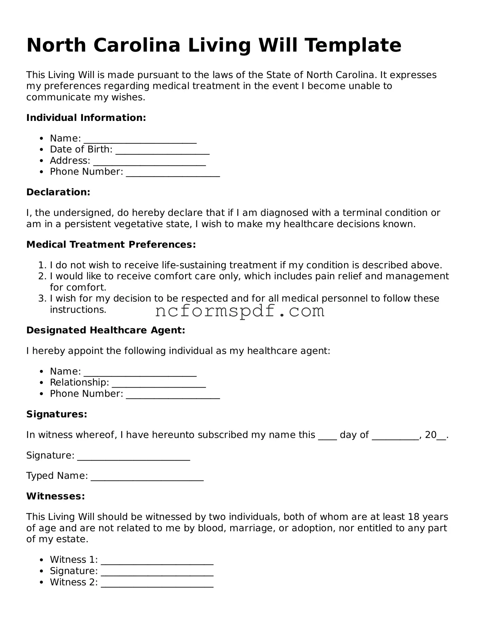 Free  Living Will Document for North Carolina