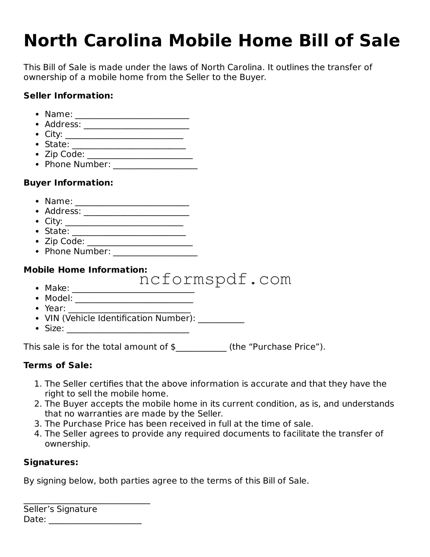 Free  Mobile Home Bill of Sale Document for North Carolina