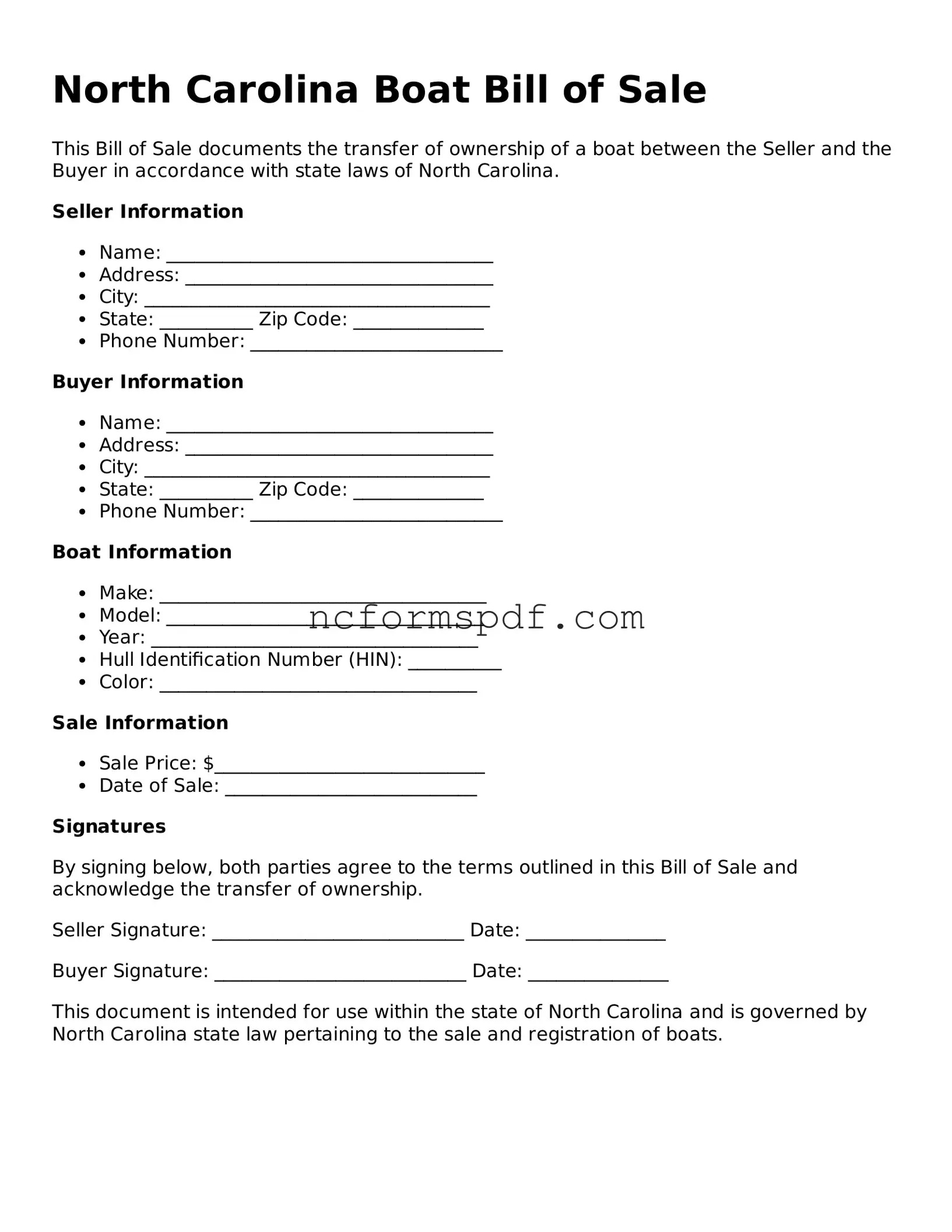 Free  Boat Bill of Sale Document for North Carolina