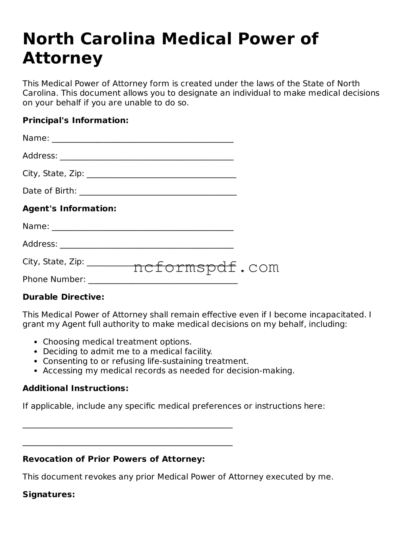 Free  Medical Power of Attorney Document for North Carolina