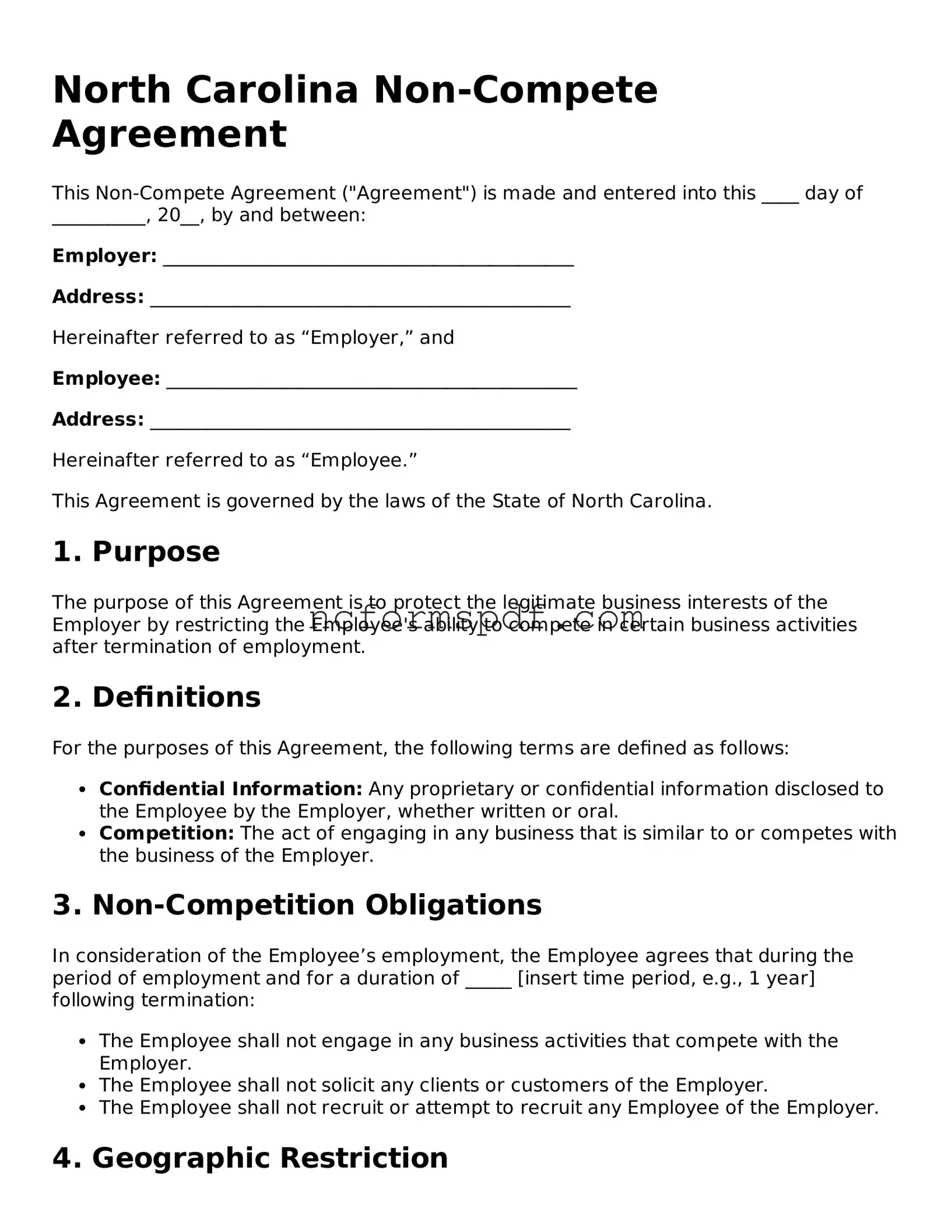 Free  Non-compete Agreement Document for North Carolina