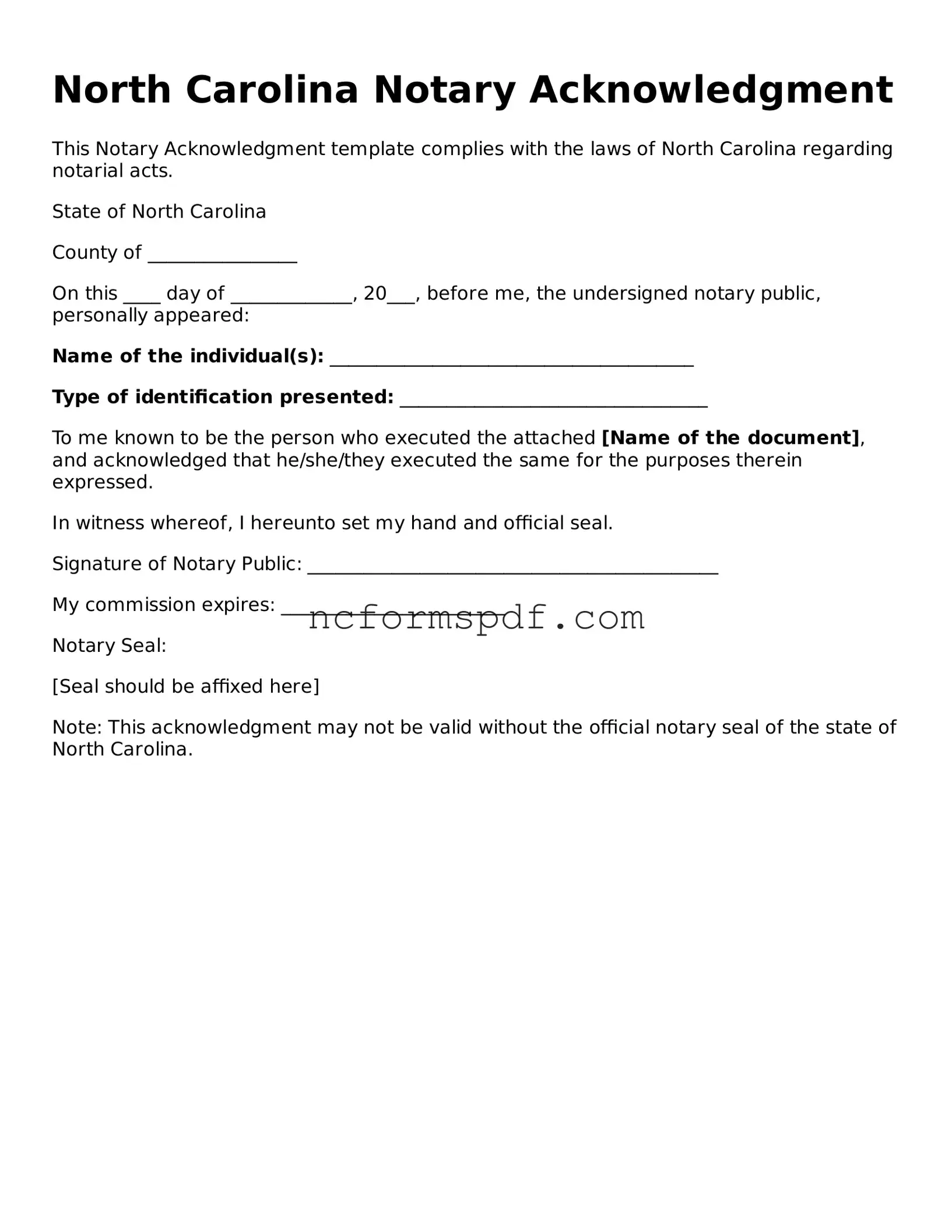 Free  Notary Acknowledgement Document for North Carolina