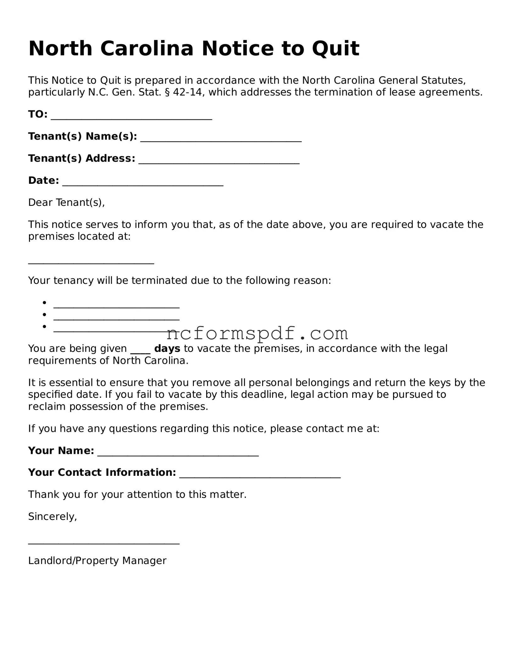 Free  Notice to Quit Document for North Carolina