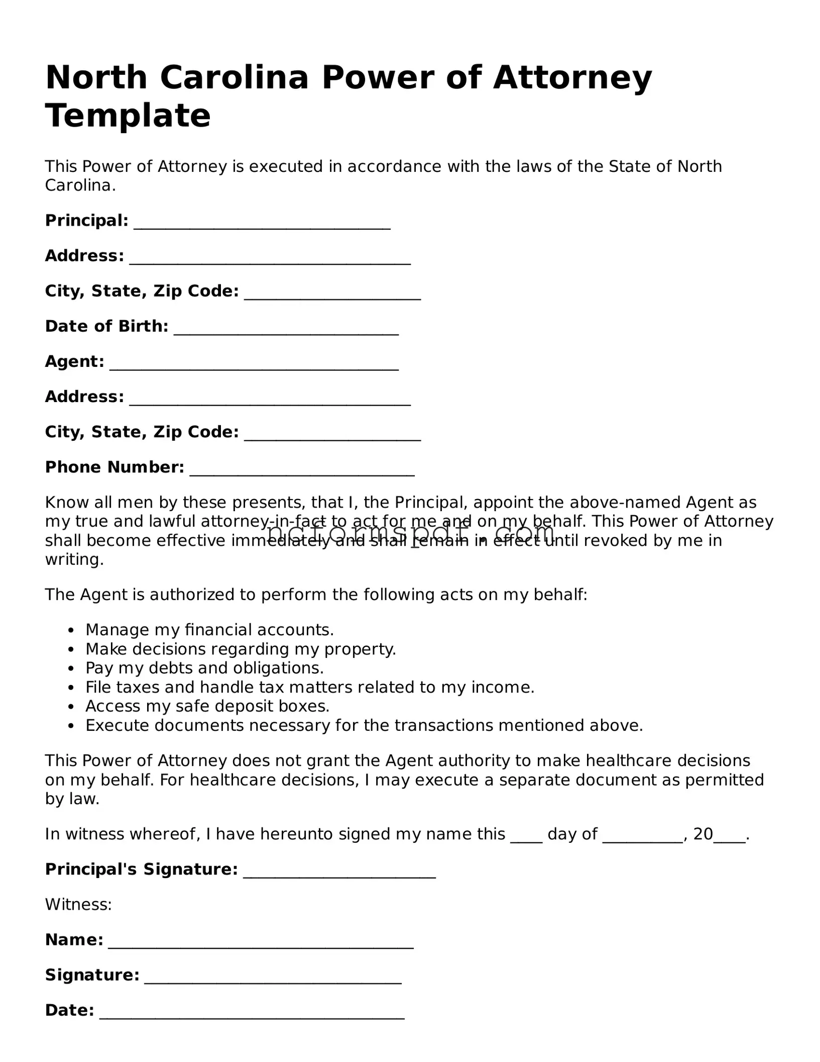 Free  Power of Attorney Document for North Carolina
