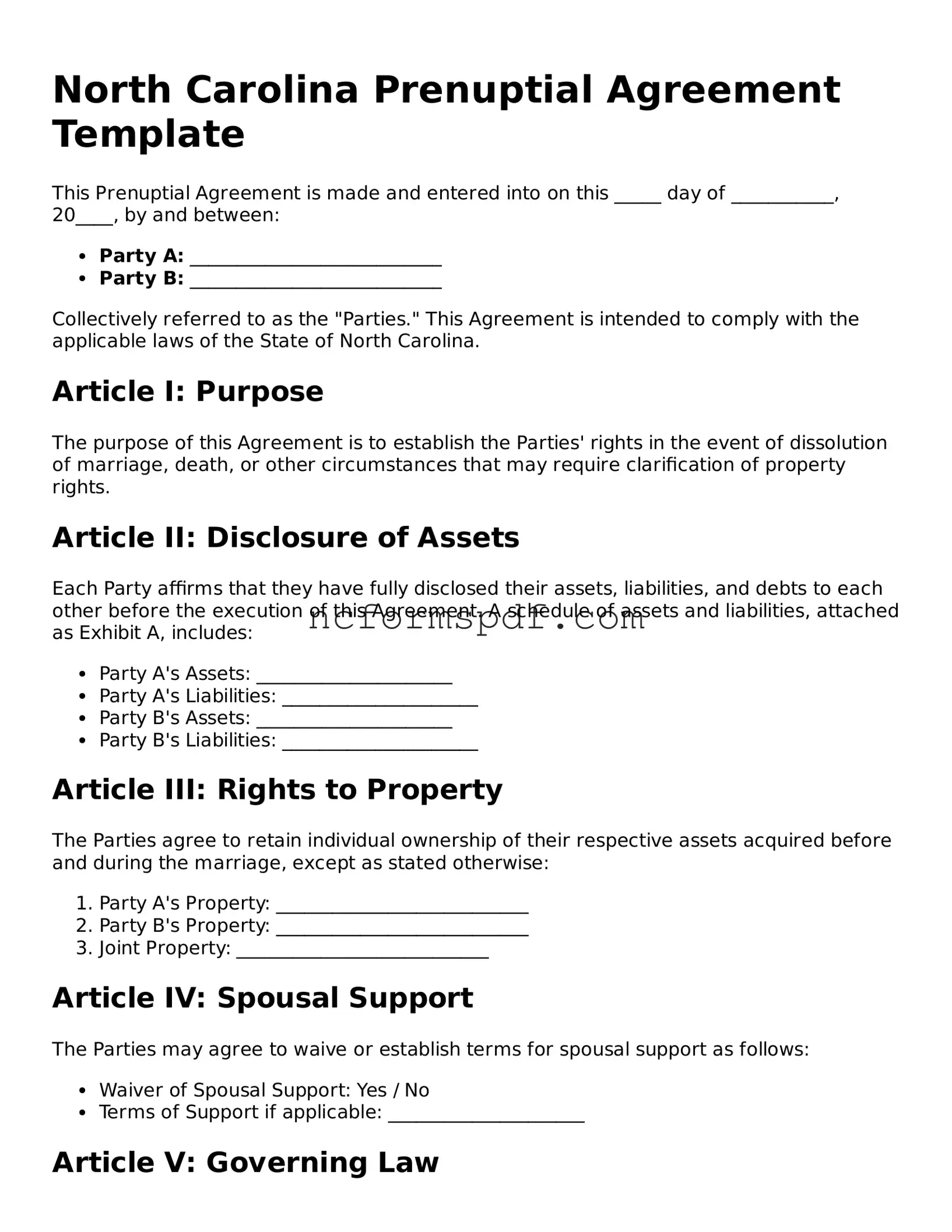 Free  Prenuptial Agreement Document for North Carolina