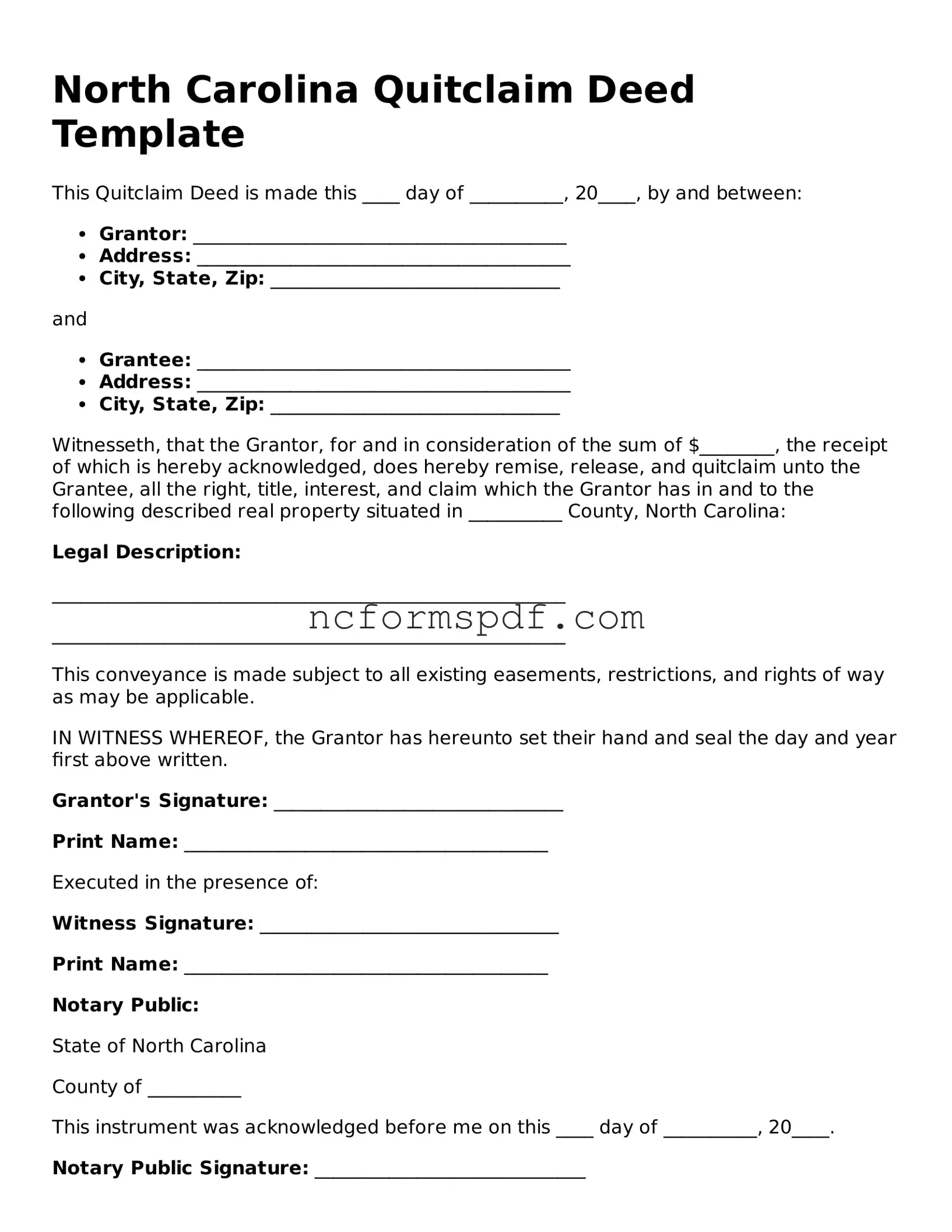 Free  Quitclaim Deed Document for North Carolina