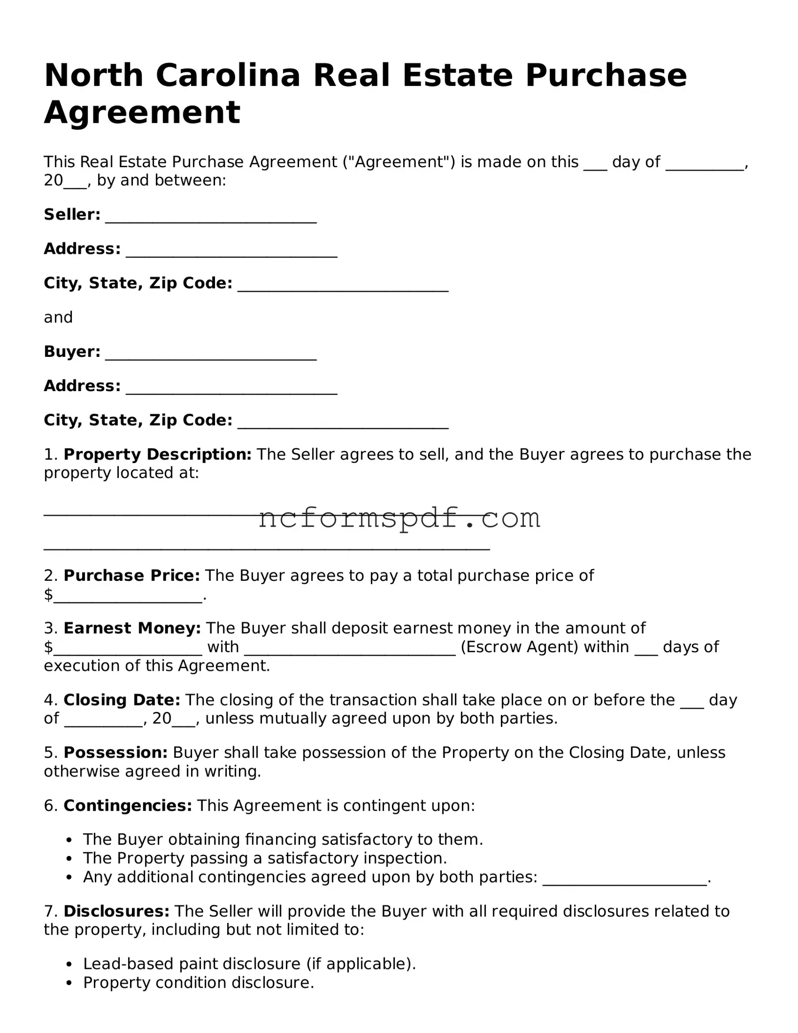 Free  Real Estate Purchase Agreement Document for North Carolina