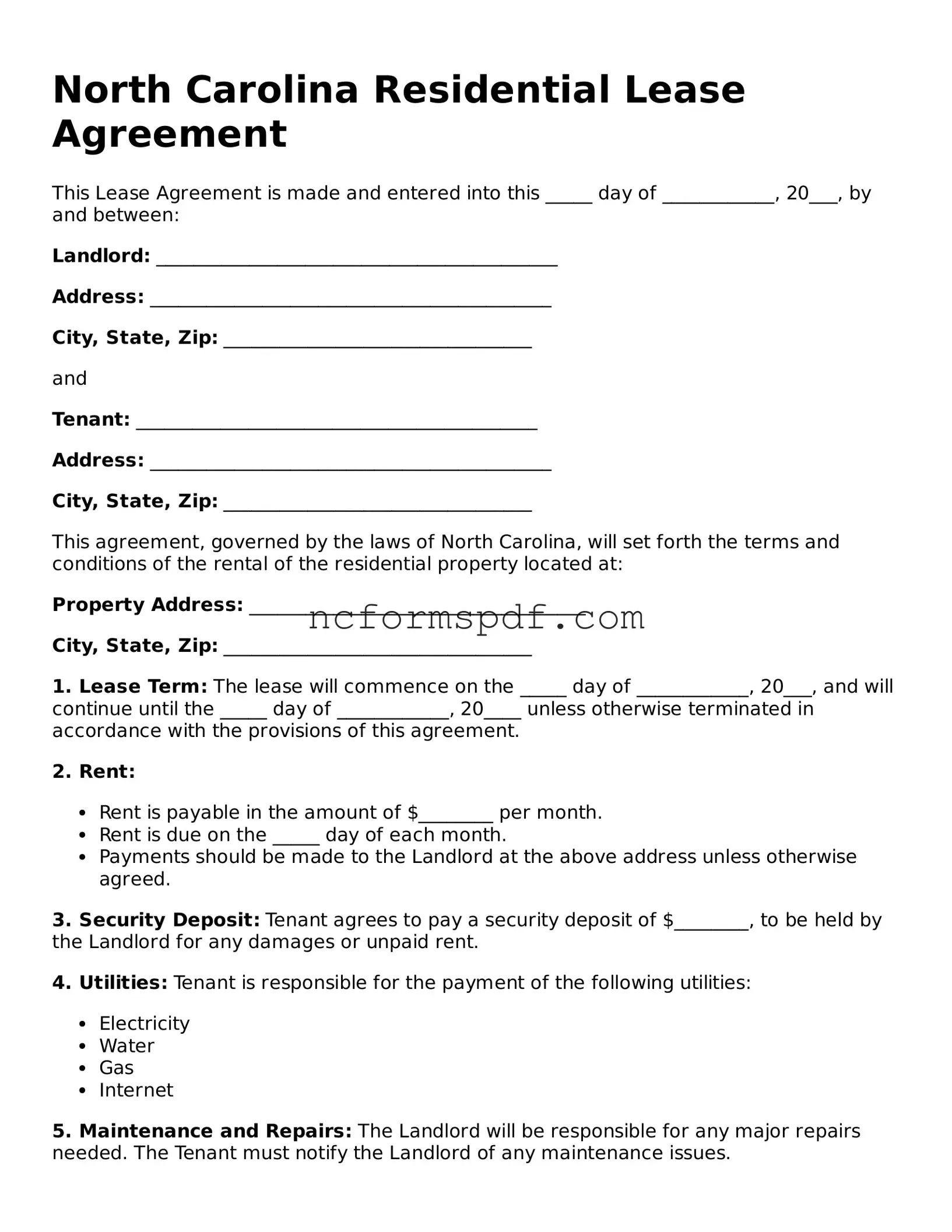 Free  Lease Agreement Document for North Carolina