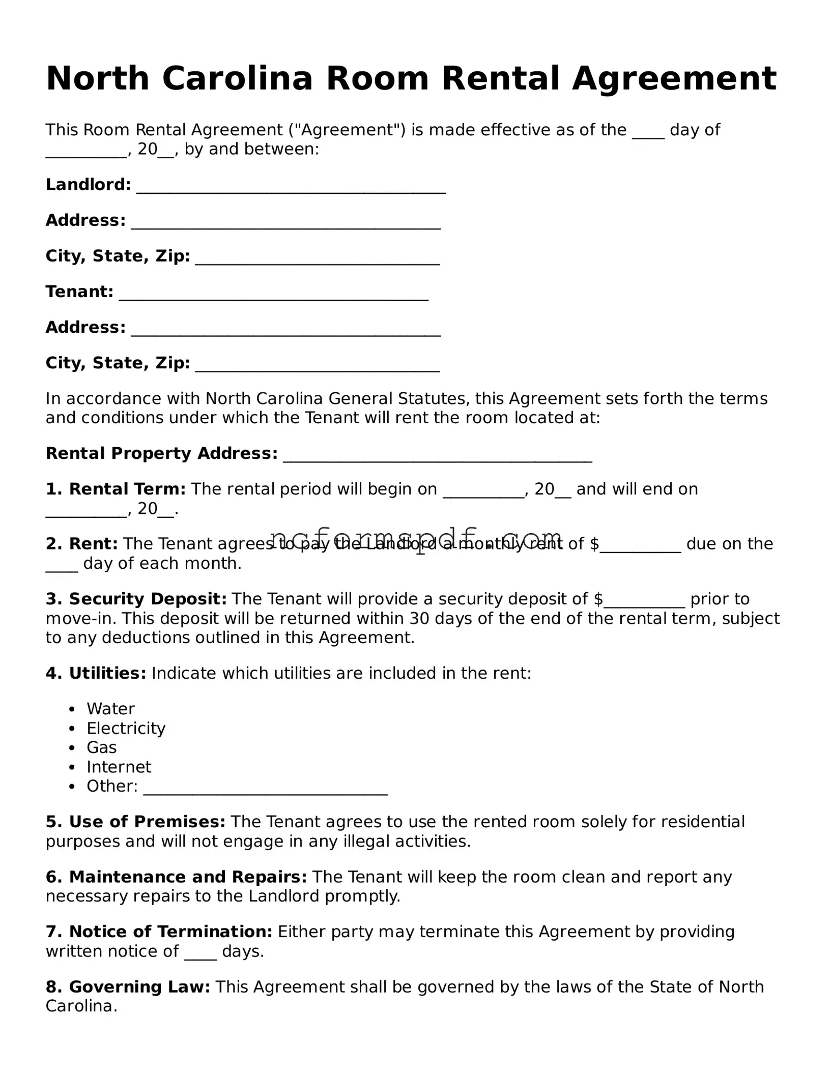 Free  Room Rental Agreement Document for North Carolina