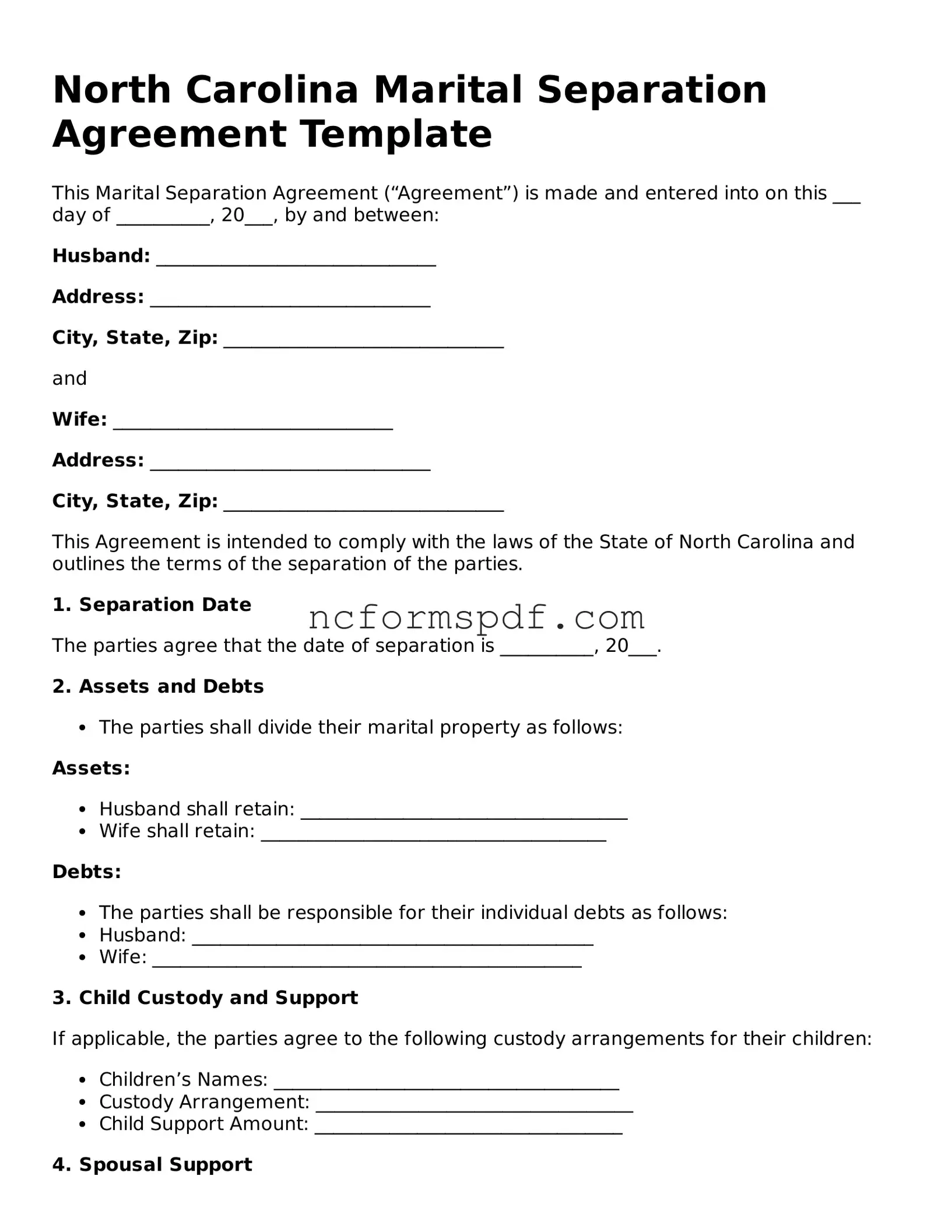 Free  Marital Separation Agreement Document for North Carolina