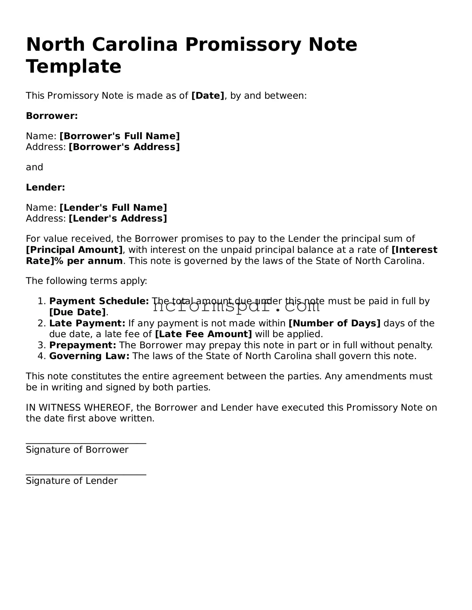 Free  Promissory Note Document for North Carolina