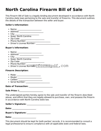 Free  Firearm Bill of Sale Document for North Carolina