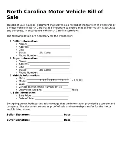 Free  Motor Vehicle Bill of Sale Document for North Carolina