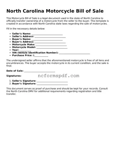 Free  Motorcycle Bill of Sale Document for North Carolina