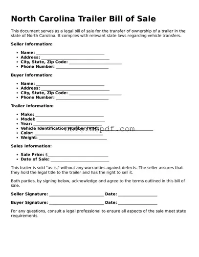 Free  Trailer Bill of Sale Document for North Carolina