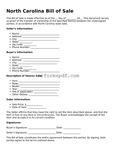 Free  Bill of Sale Document for North Carolina