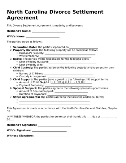 Free  Divorce Settlement Agreement Document for North Carolina