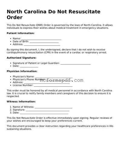 Free  Do Not Resuscitate Order Document for North Carolina