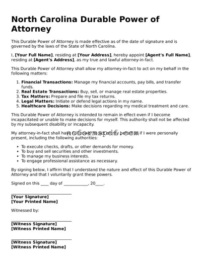 Free  Durable Power of Attorney Document for North Carolina
