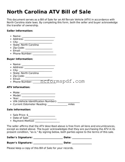 Free  ATV Bill of Sale Document for North Carolina
