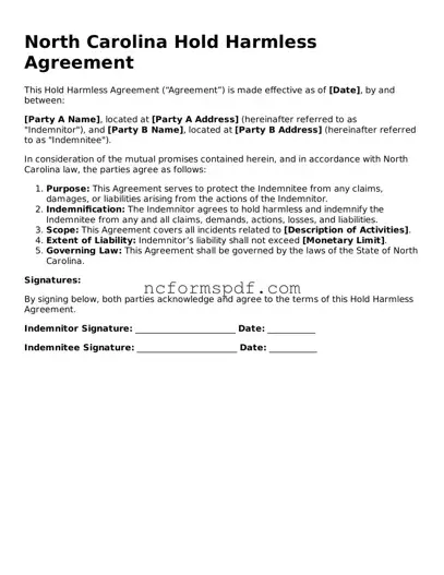 Free  Hold Harmless Agreement Document for North Carolina