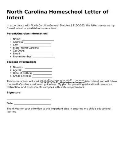 Free  Homeschool Letter of Intent Document for North Carolina