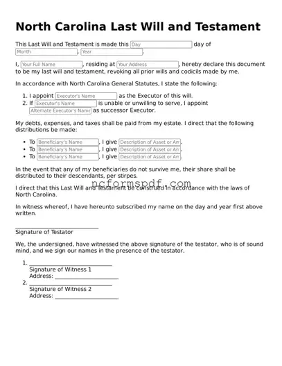 Free  Last Will and Testament Document for North Carolina