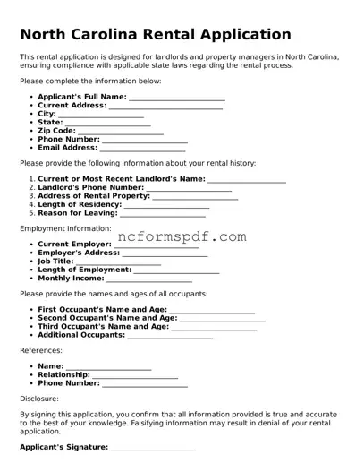 Free  Rental Application Document for North Carolina