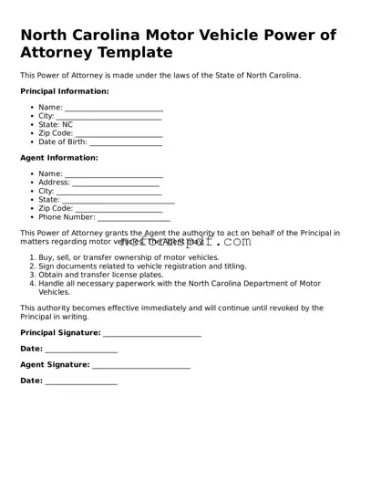 Free  Motor Vehicle Power of Attorney Document for North Carolina