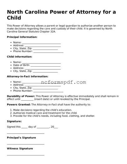 Free  Power of Attorney for a Child Document for North Carolina